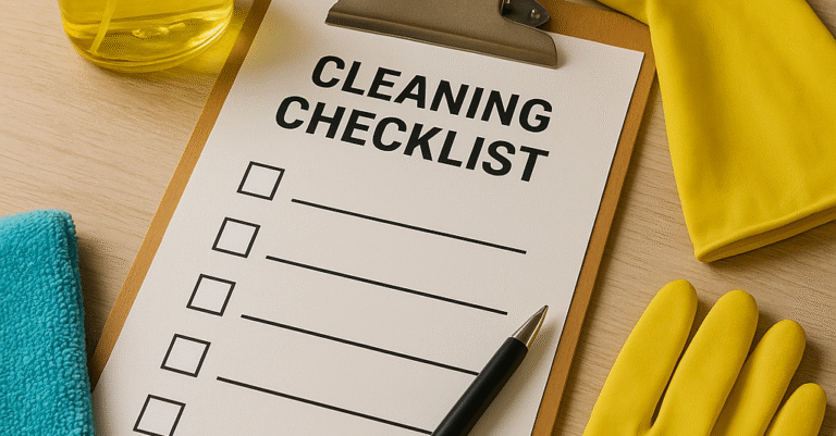 Close up Cleaning Checklist clipboard and common cleaning products