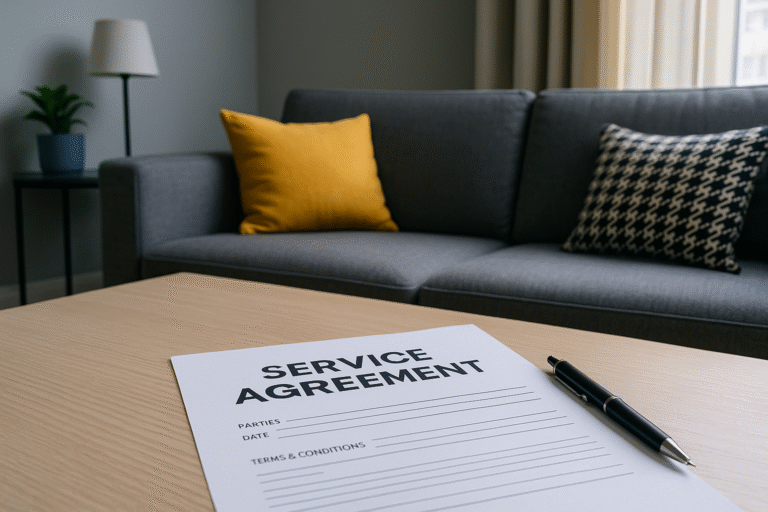 Close-up of a service agreement being signed on a desk in a modern short-term rental property.