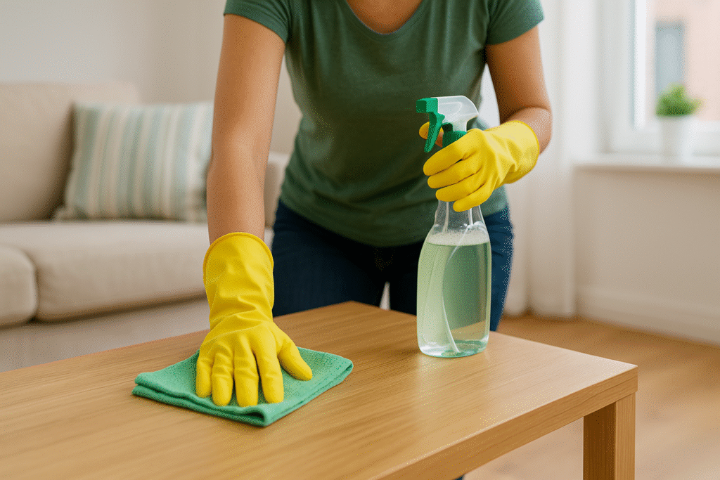 Professional Cleaner in yellow gloves using eco-friendly cleaning supplies for basic cleaning.